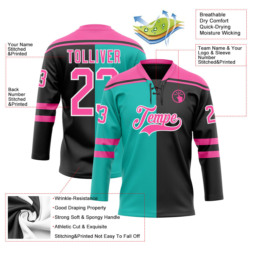 Custom Black Pink Aqua-White Split Fashion Hockey Lace Neck Jersey view 5