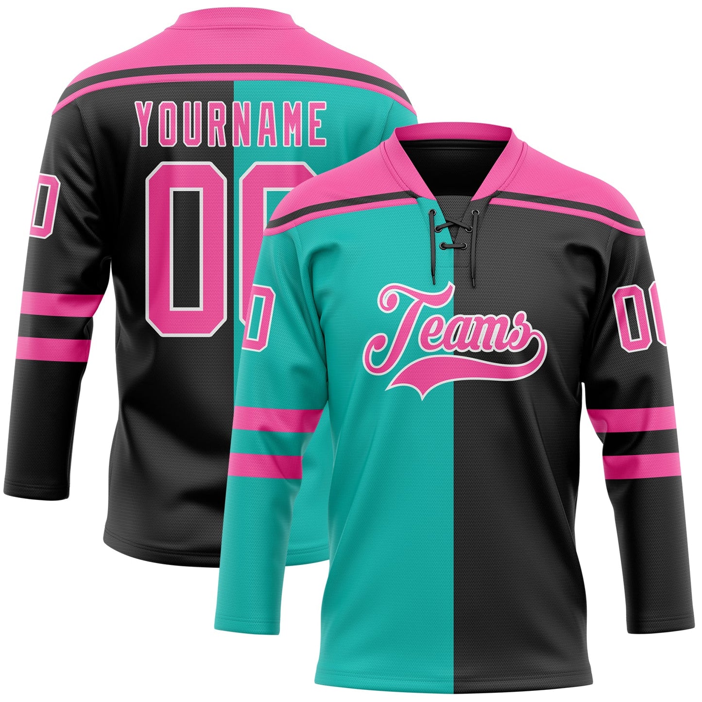 Custom Black Pink Aqua-White Split Fashion Hockey Lace Neck Jersey - Main View