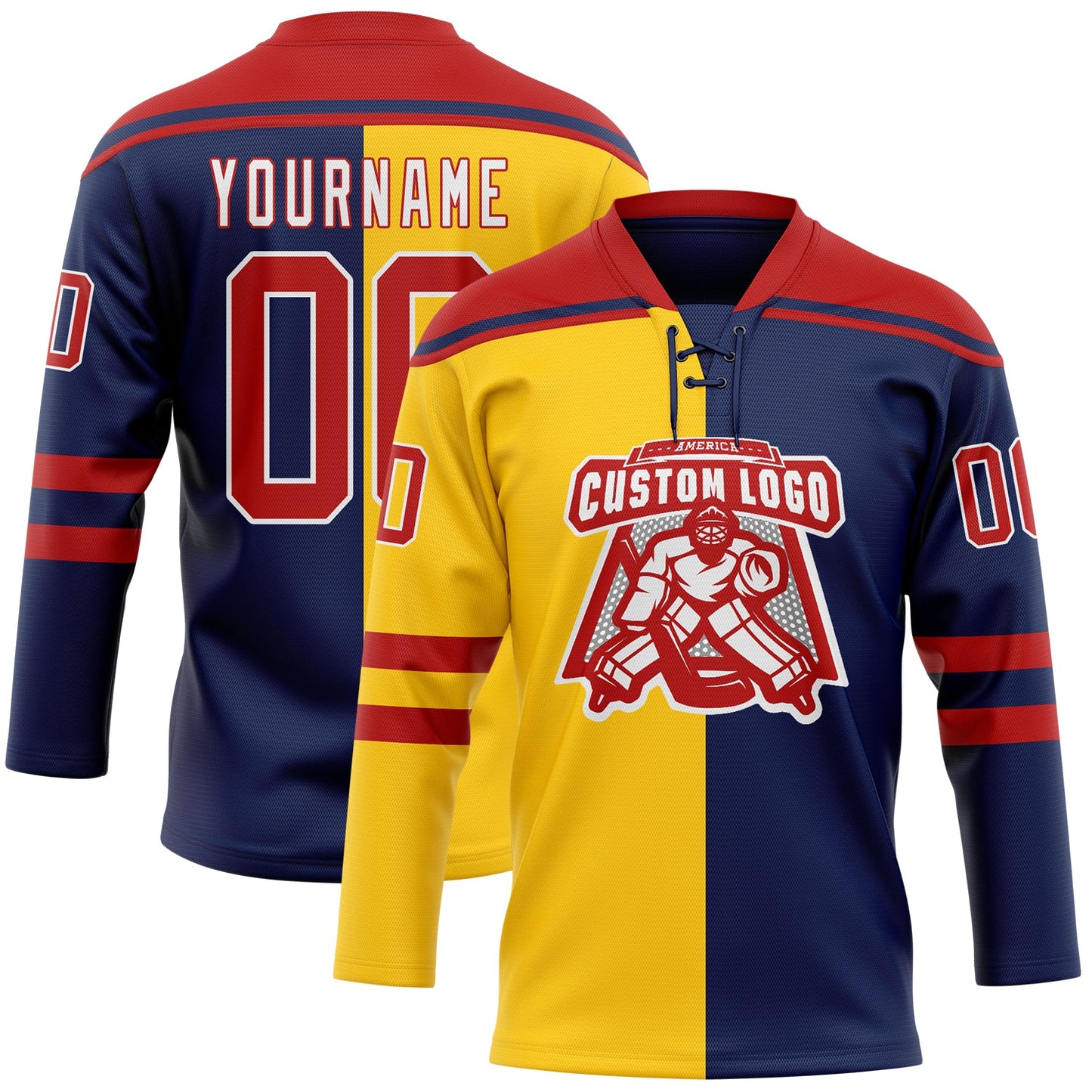 Custom Navy Red Yellow-White Split Fashion Hockey Lace Neck Jersey view 2