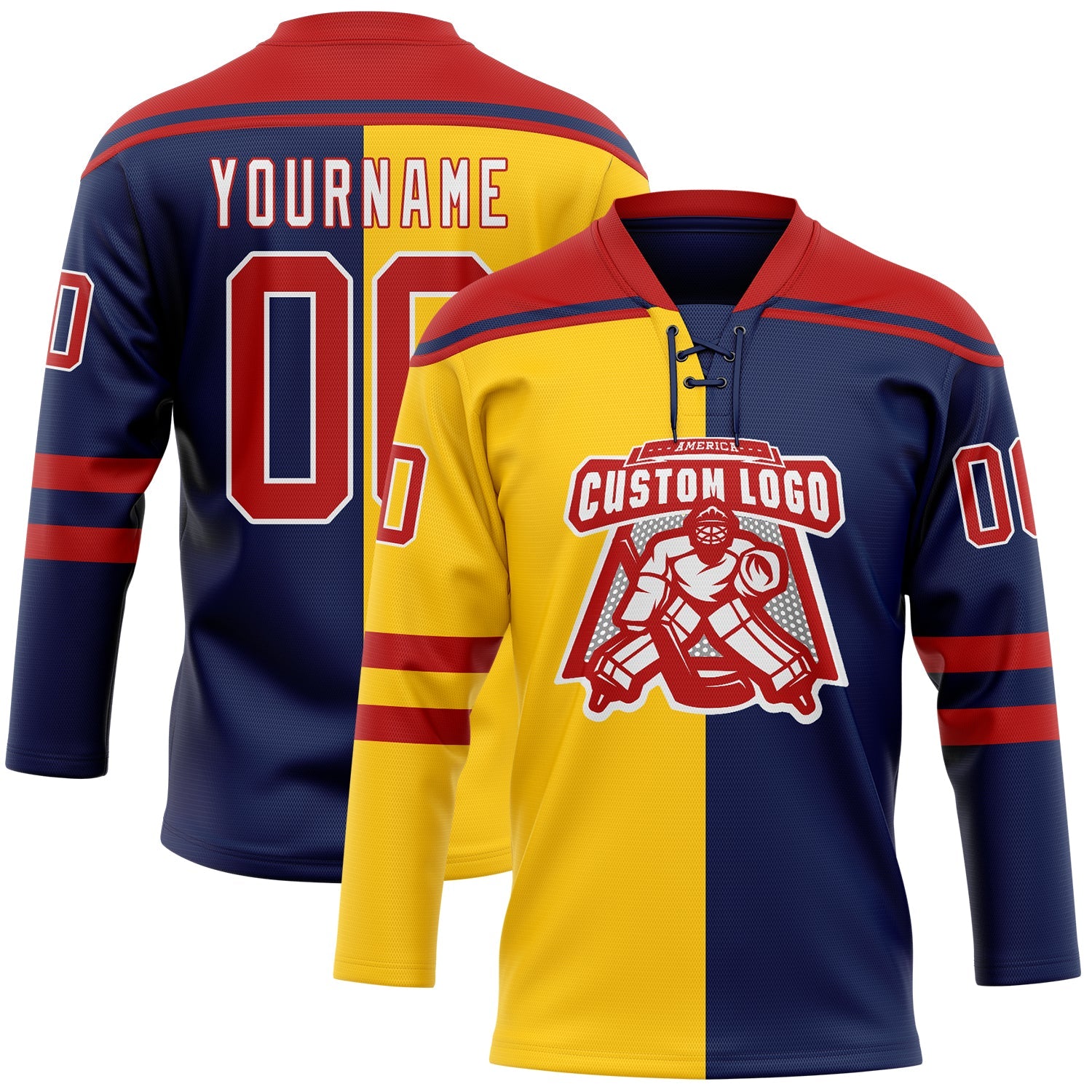 Custom Navy Red Yellow-White Split Fashion Hockey Lace Neck Jersey view 2