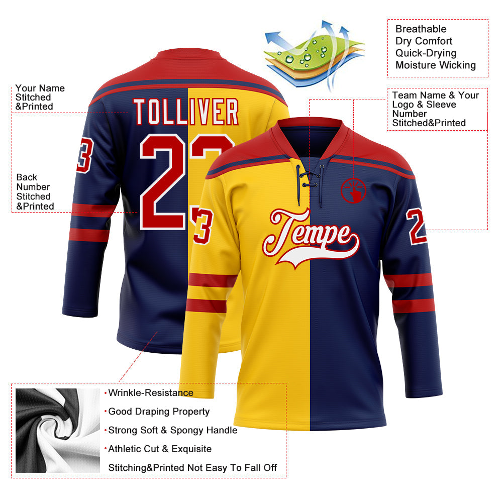 Custom Navy Red Yellow-White Split Fashion Hockey Lace Neck Jersey view 5