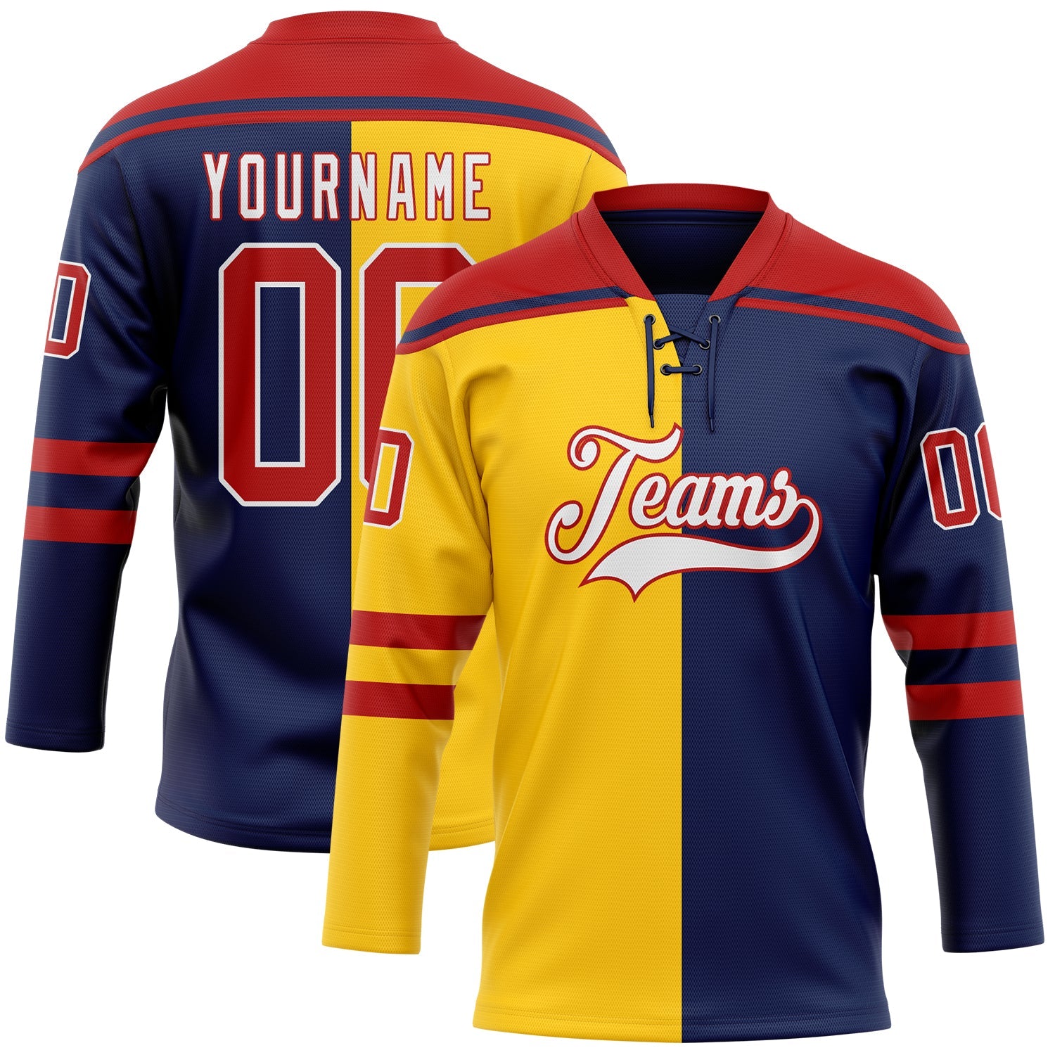 Custom Navy Red Yellow-White Split Fashion Hockey Lace Neck Jersey - Main View
