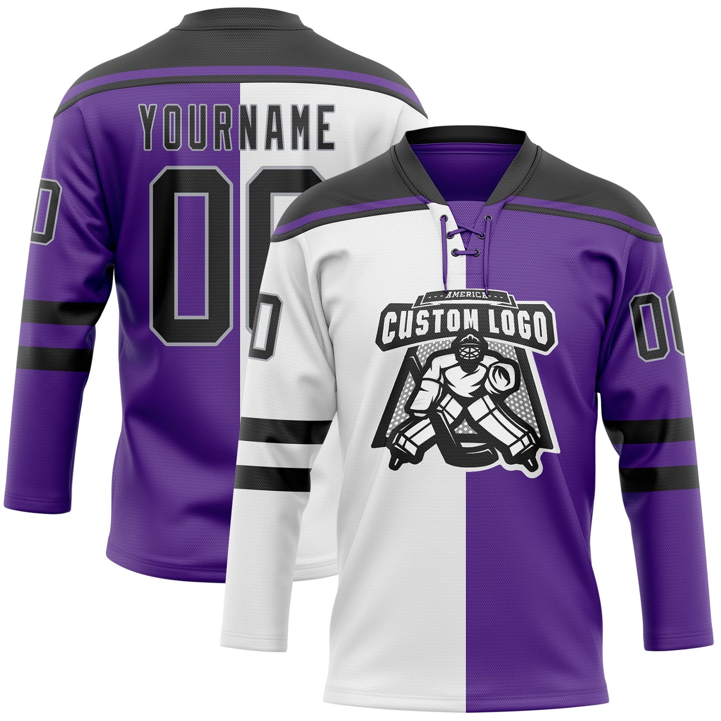 Custom Purple Black Gray-White Split Fashion Hockey Lace Neck Jersey view 2