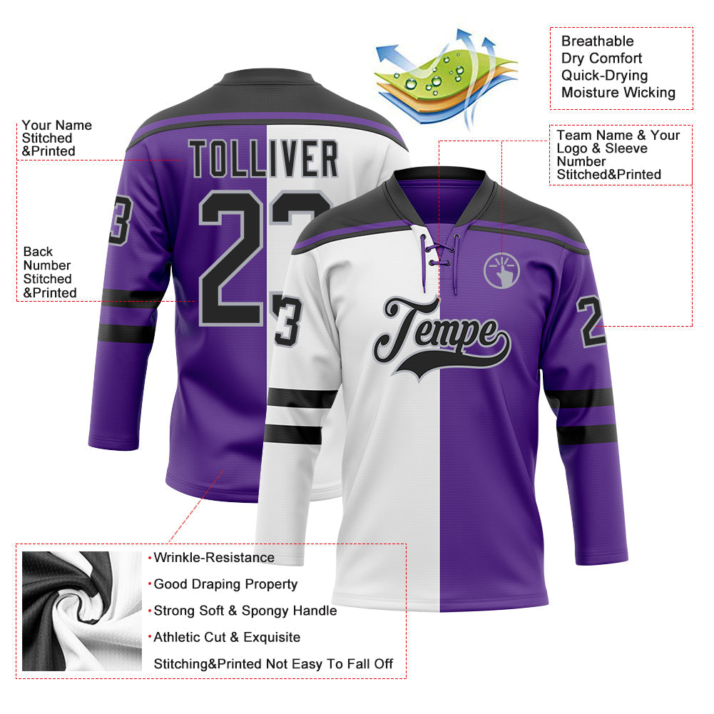 Custom Purple Black Gray-White Split Fashion Hockey Lace Neck Jersey view 5