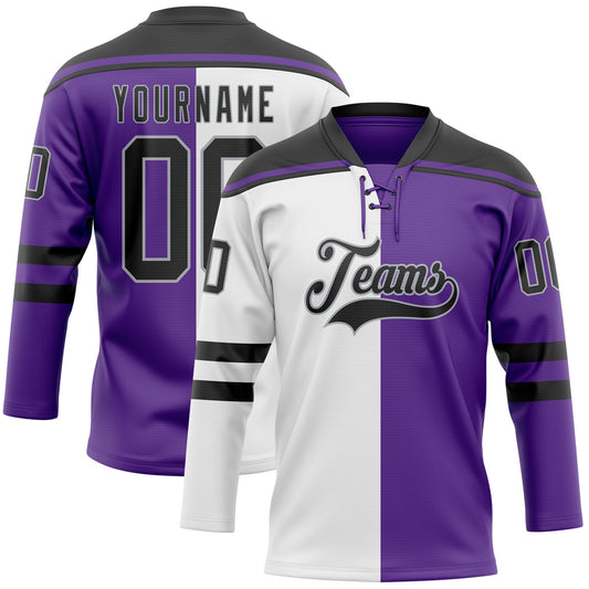 Custom Purple Black Gray-White Split Fashion Hockey Lace Neck Jersey - Main View