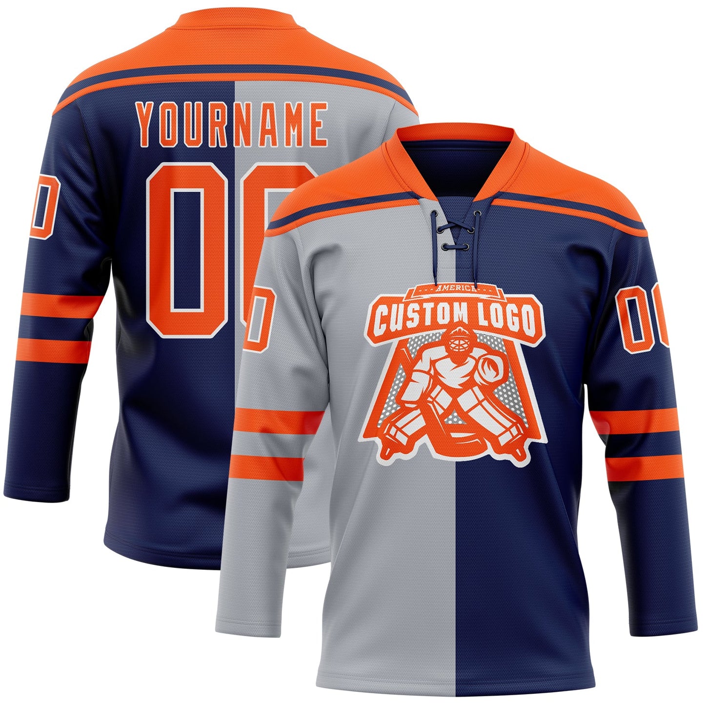 Custom Navy Orange Gray-White Split Fashion Hockey Lace Neck Jersey view 2