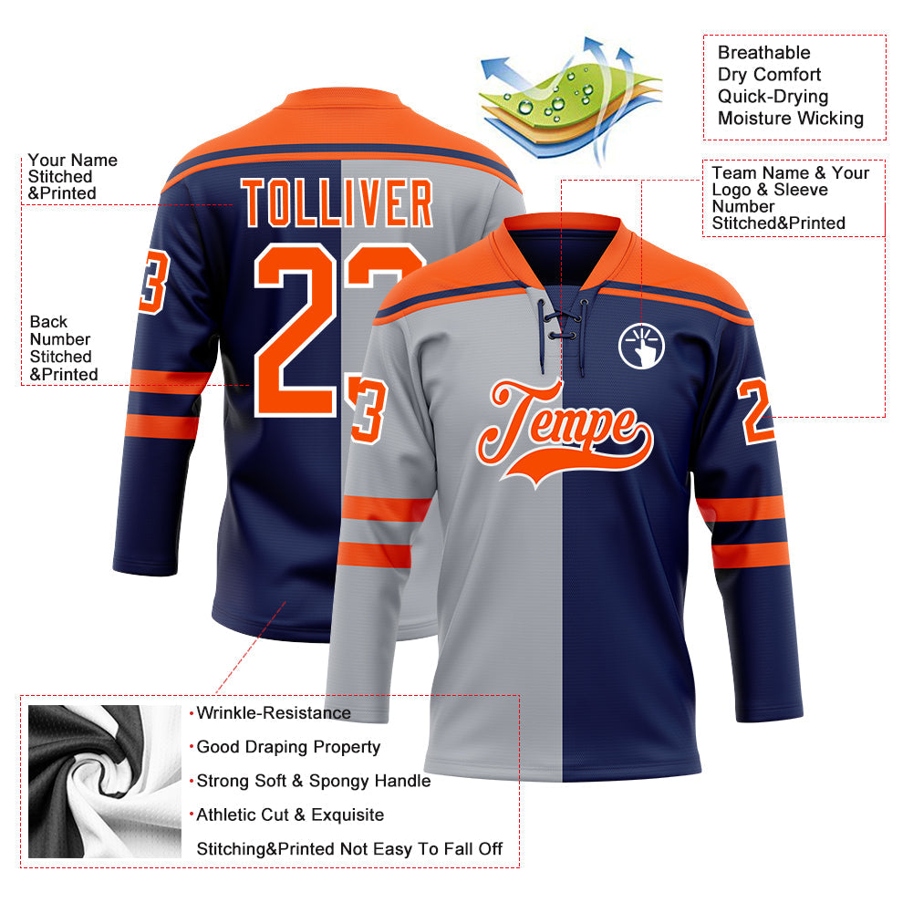 Custom Navy Orange Gray-White Split Fashion Hockey Lace Neck Jersey view 5