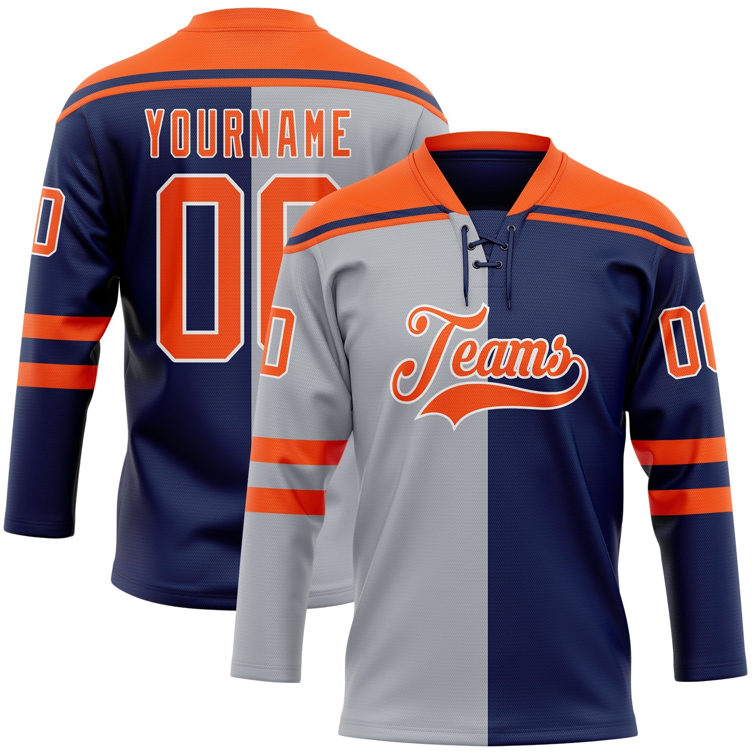 Custom Navy Orange Gray-White Split Fashion Hockey Lace Neck Jersey - Main View