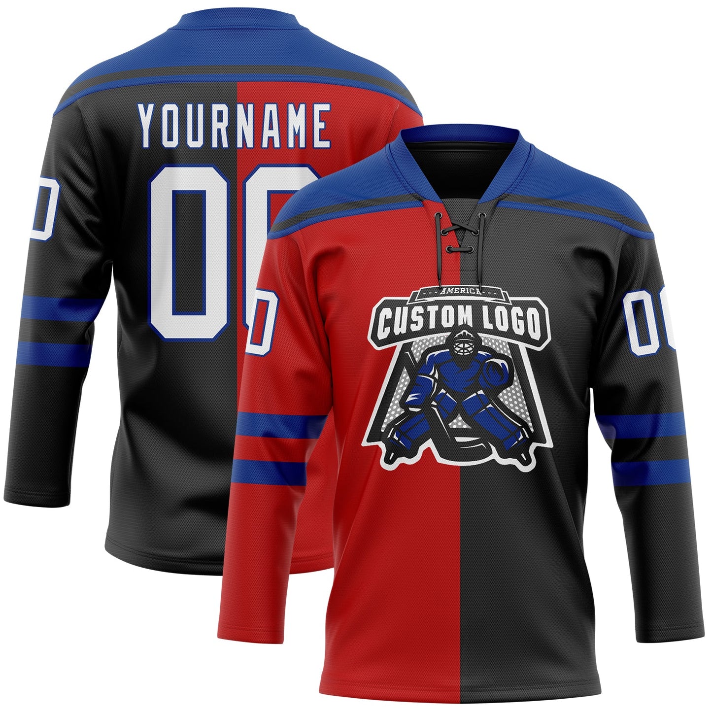 Custom Black White Red-Royal Split Fashion Hockey Lace Neck Jersey view 2