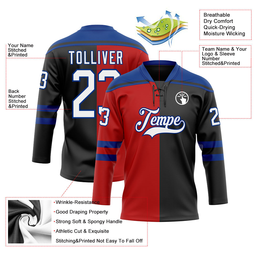 Custom Black White Red-Royal Split Fashion Hockey Lace Neck Jersey view 5