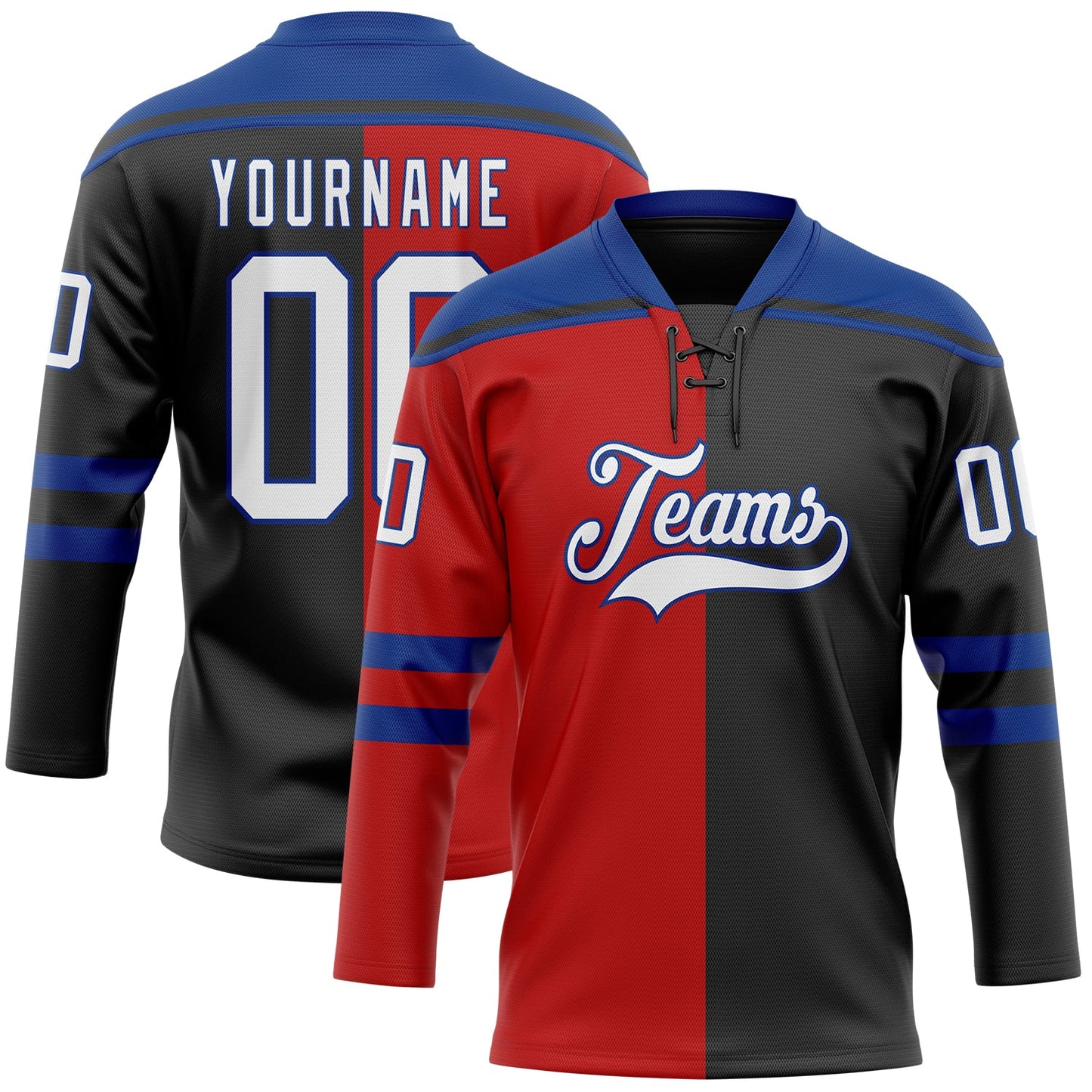 Custom Black White Red-Royal Split Fashion Hockey Lace Neck Jersey - Main View
