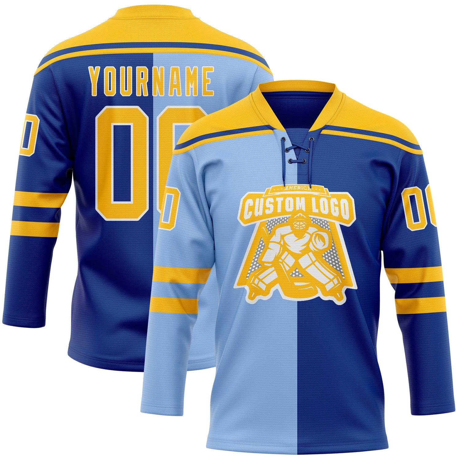 Custom Royal Gold Light Blue-White Red-Royal Split Fashion Hockey Lace Neck Jersey view 2