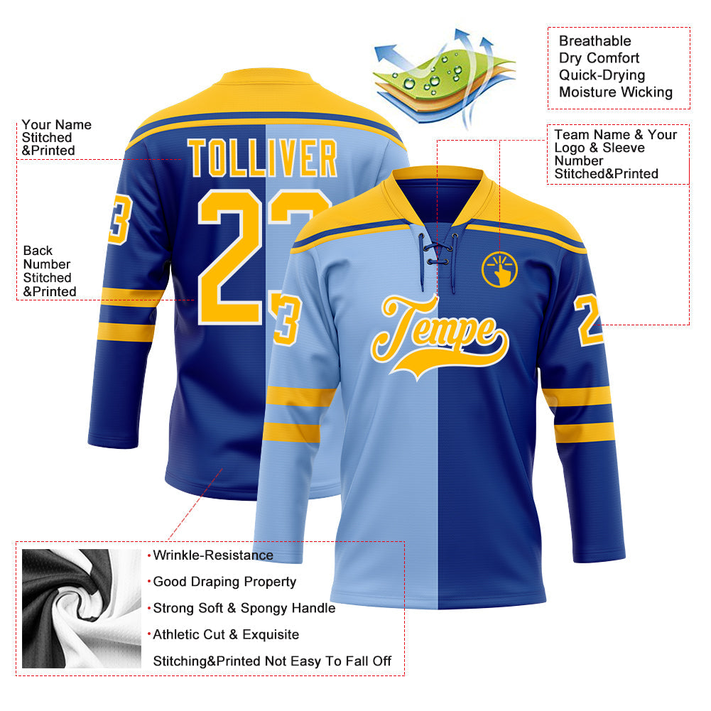 Custom Royal Gold Light Blue-White Red-Royal Split Fashion Hockey Lace Neck Jersey view 5