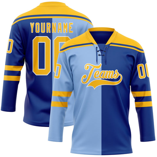 Custom Royal Gold Light Blue-White Red-Royal Split Fashion Hockey Lace Neck Jersey - Main View