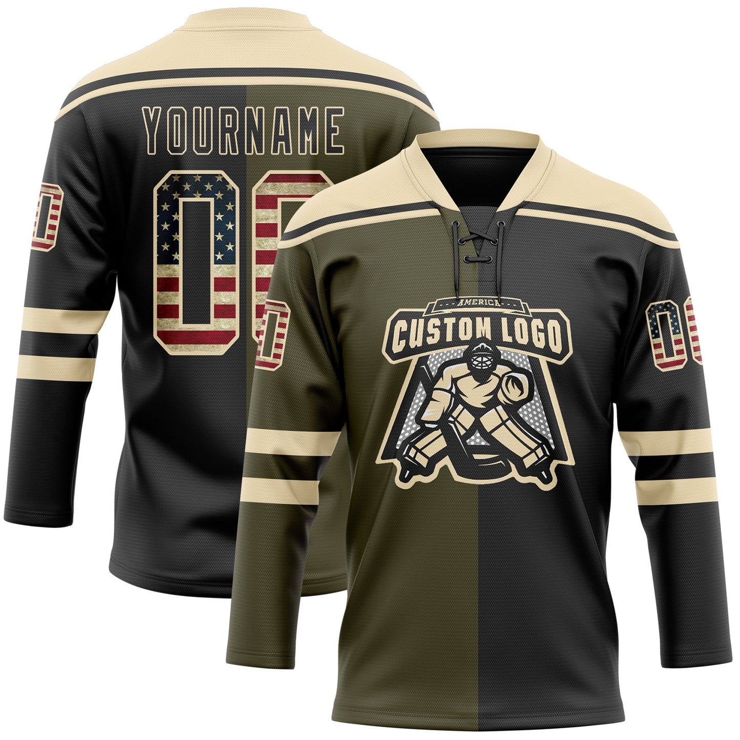 Custom Black Vintage USA Flag Olive-Cream Split Fashion Hockey Lace Neck Jersey view 2
