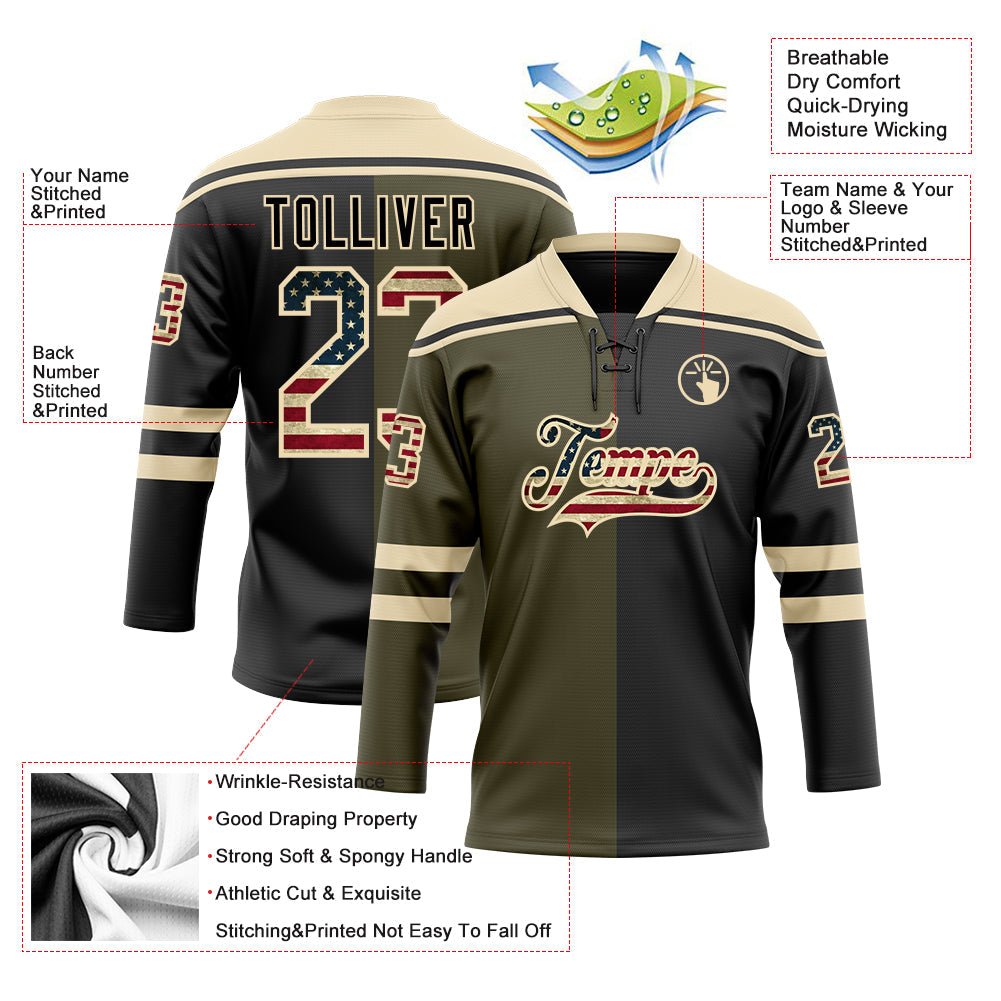 Custom Black Vintage USA Flag Olive-Cream Split Fashion Hockey Lace Neck Jersey view 5