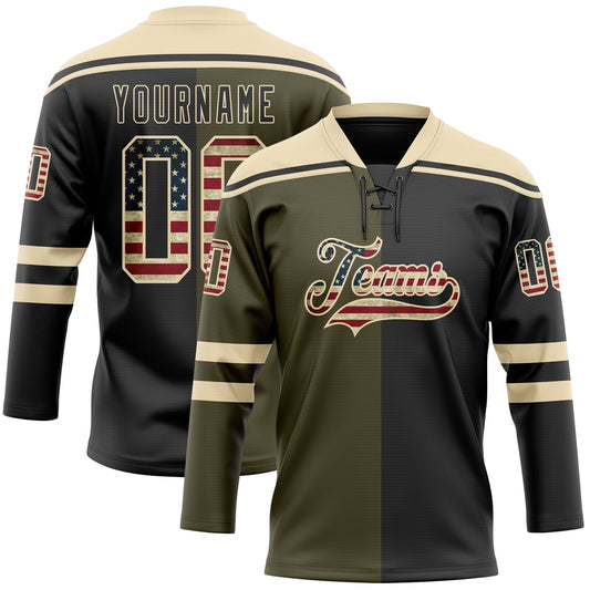 Custom Black Vintage USA Flag Olive-Cream Split Fashion Hockey Lace Neck Jersey - Main View