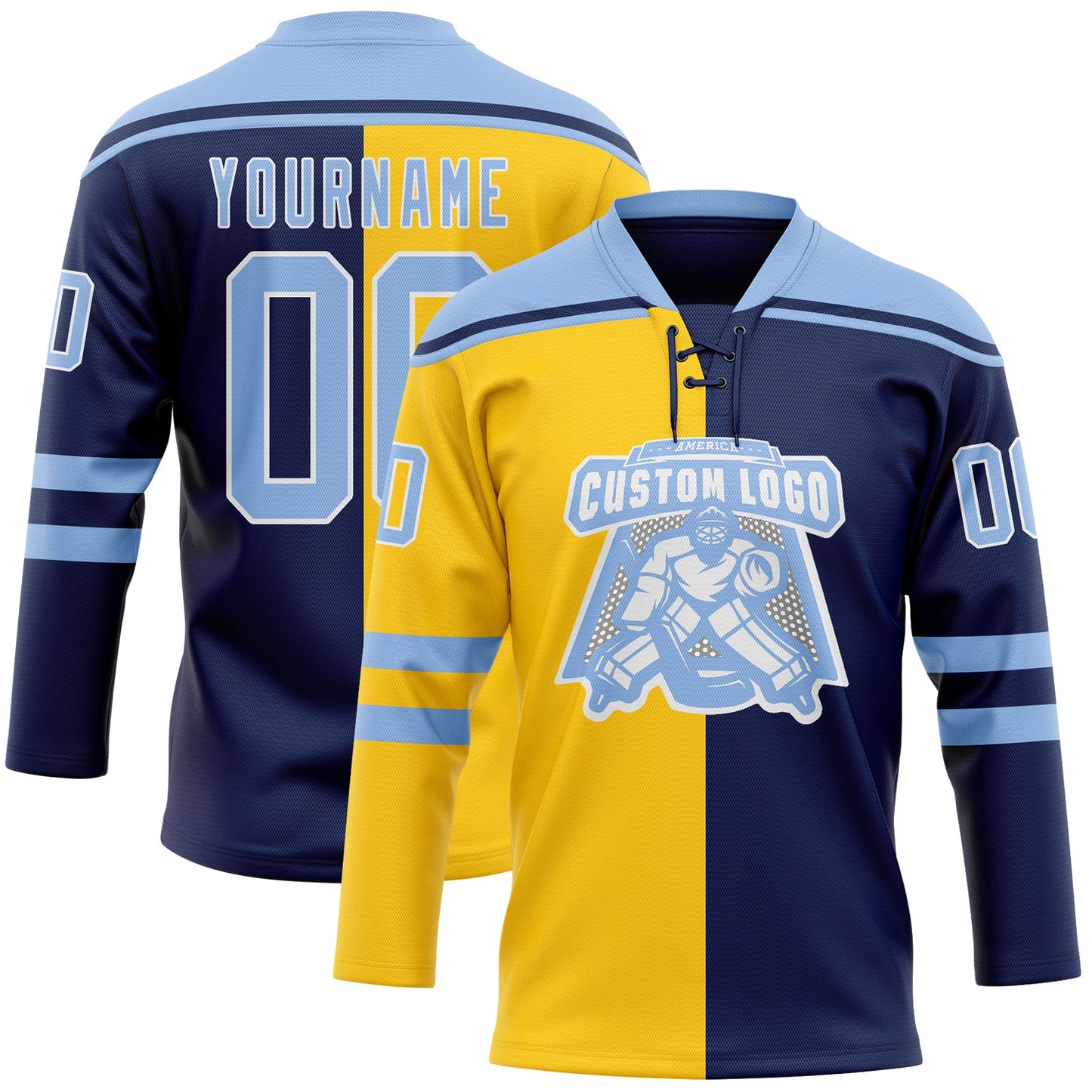 Custom Navy Light Blue Yellow-White Split Fashion Hockey Lace Neck Jersey view 2