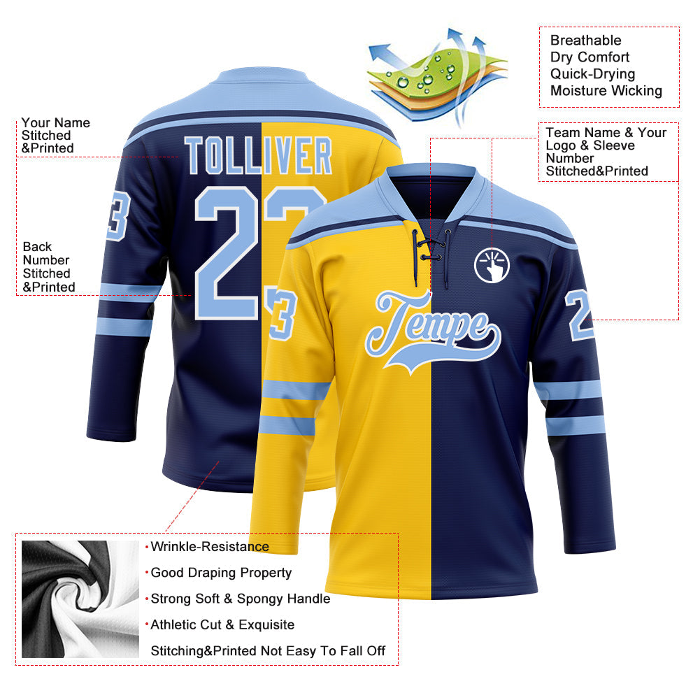 Custom Navy Light Blue Yellow-White Split Fashion Hockey Lace Neck Jersey view 5