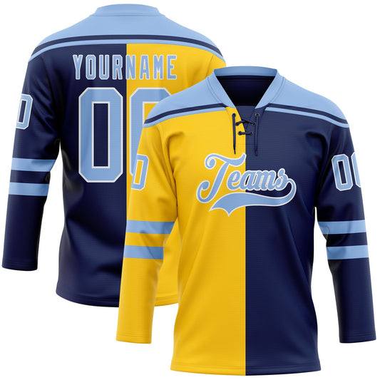 Custom Navy Light Blue Yellow-White Split Fashion Hockey Lace Neck Jersey - Main View
