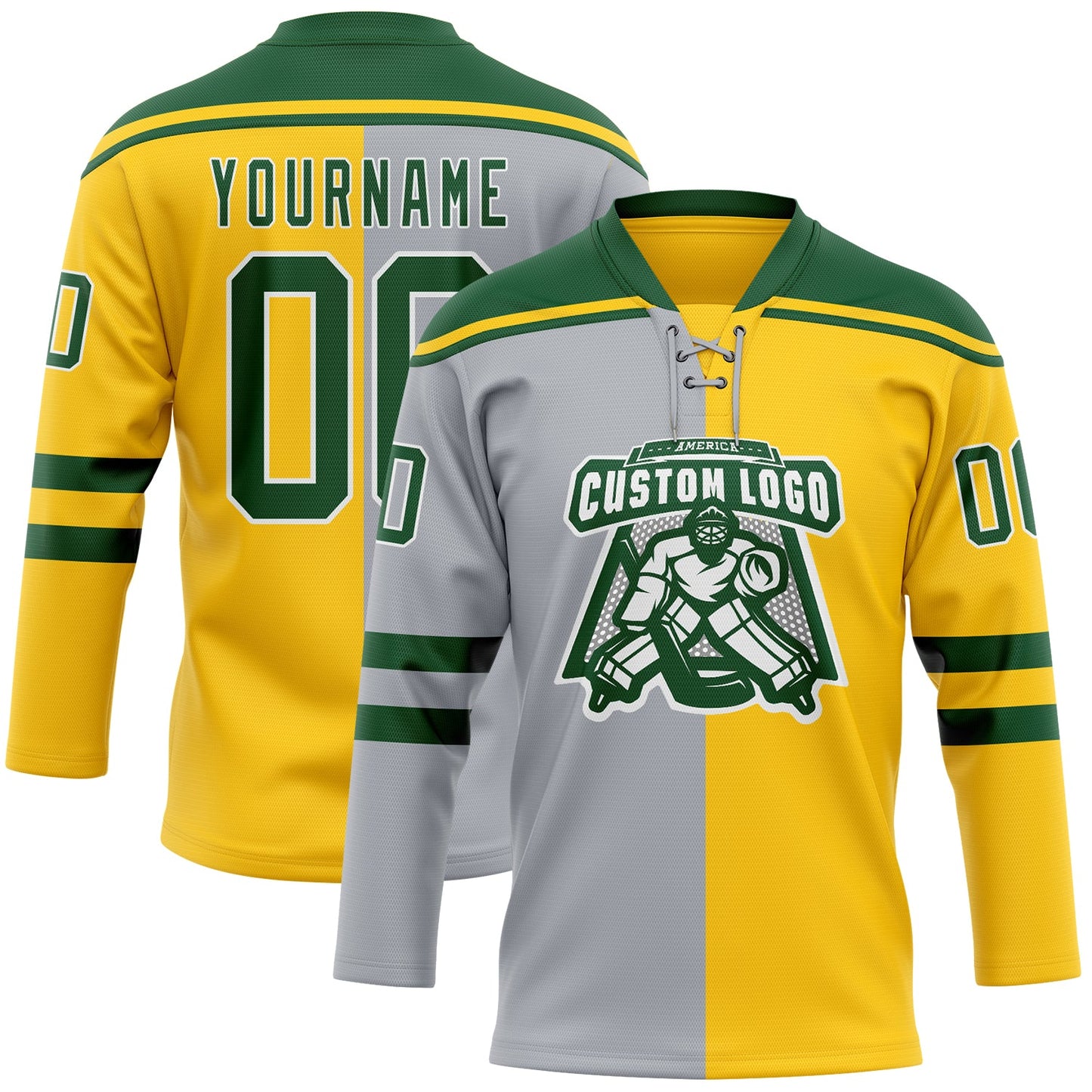 Custom Yellow Green Gray-White Split Fashion Hockey Lace Neck Jersey view 2