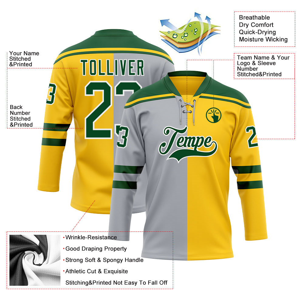 Custom Yellow Green Gray-White Split Fashion Hockey Lace Neck Jersey view 5