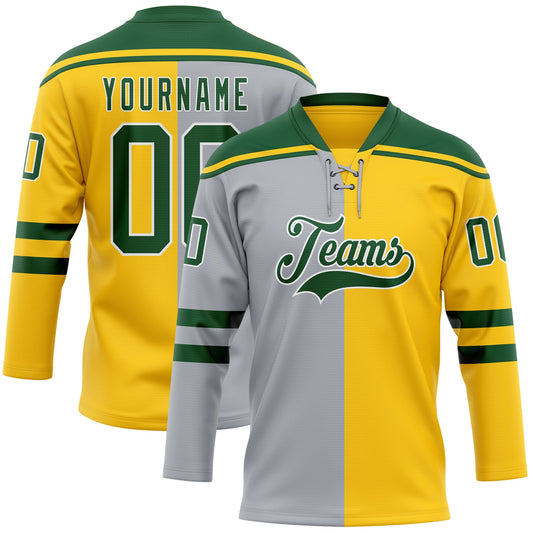 Custom Yellow Green Gray-White Split Fashion Hockey Lace Neck Jersey - Main View