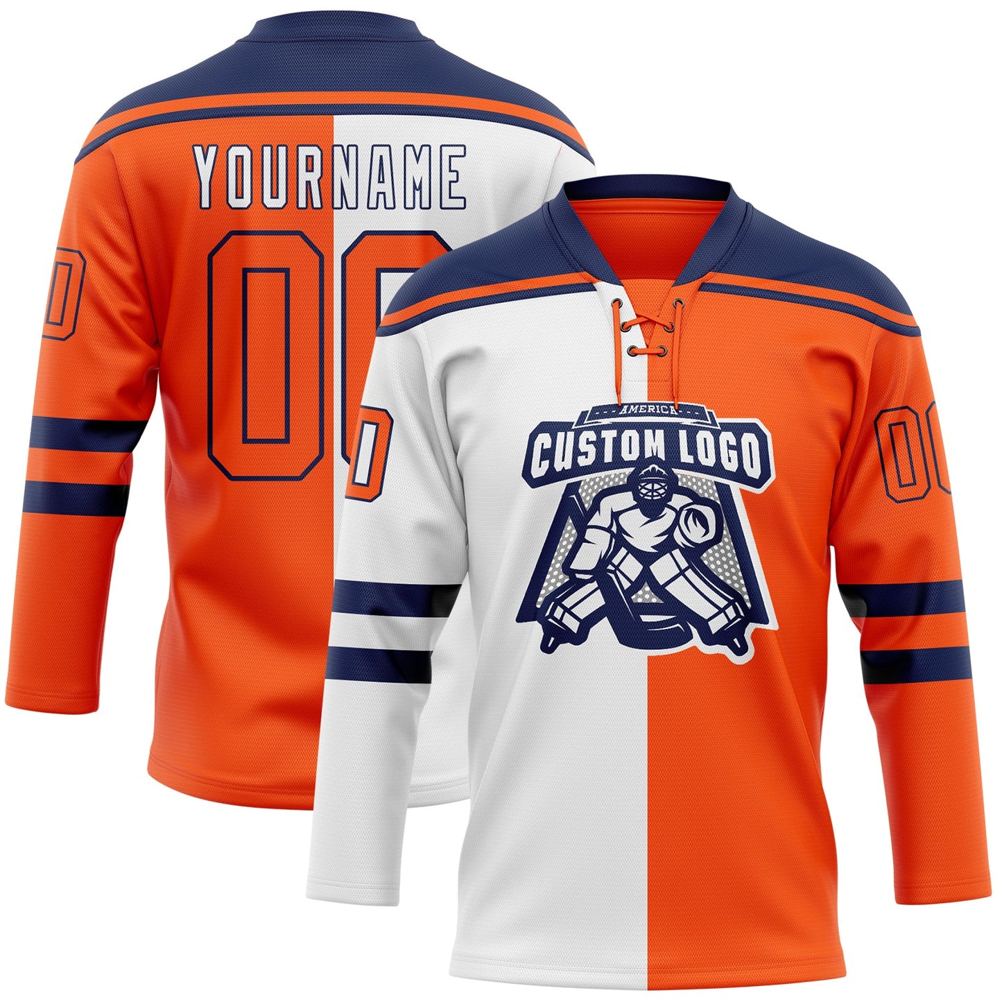 Custom Orange White-Navy Split Fashion Hockey Lace Neck Jersey view 2