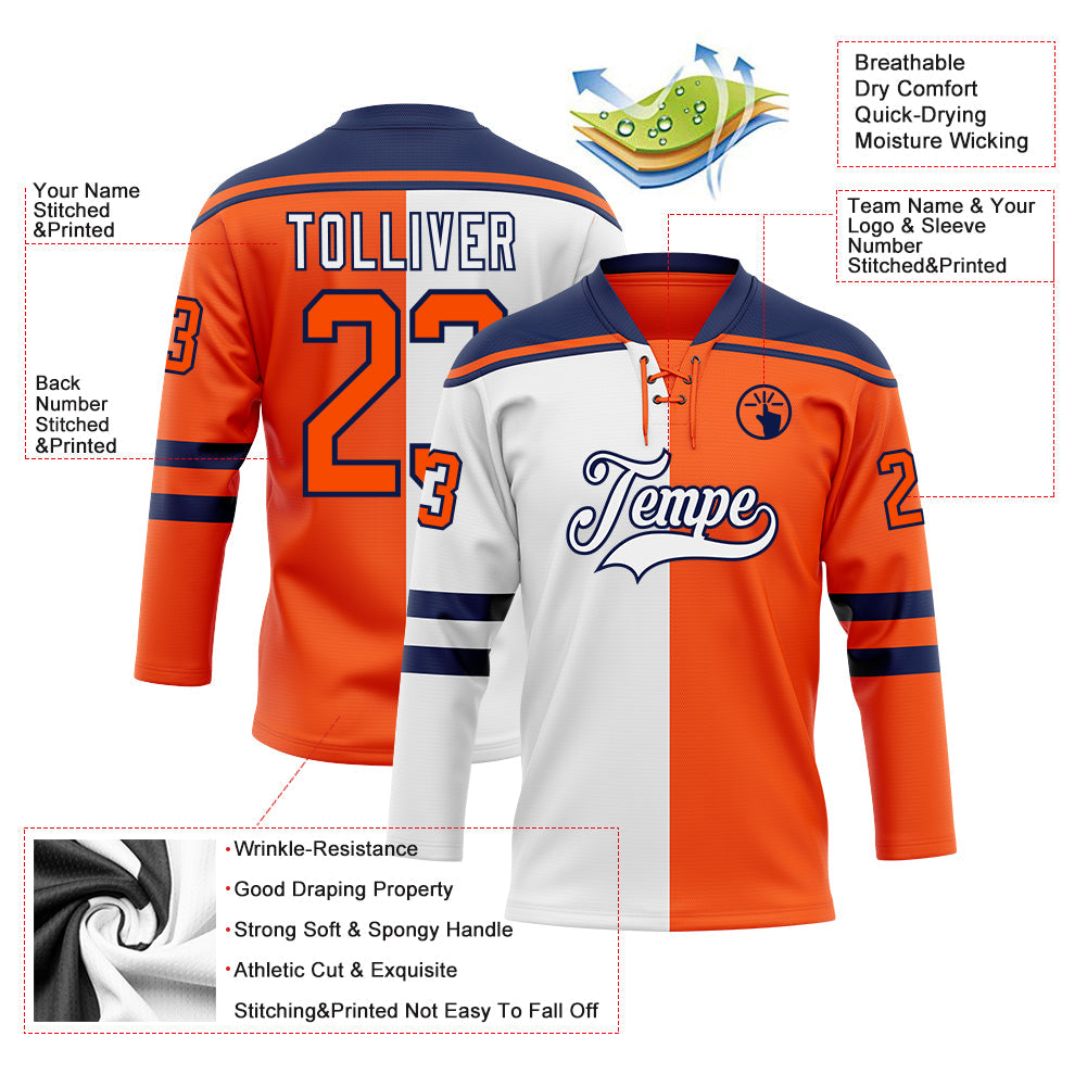 Custom Orange White-Navy Split Fashion Hockey Lace Neck Jersey view 5