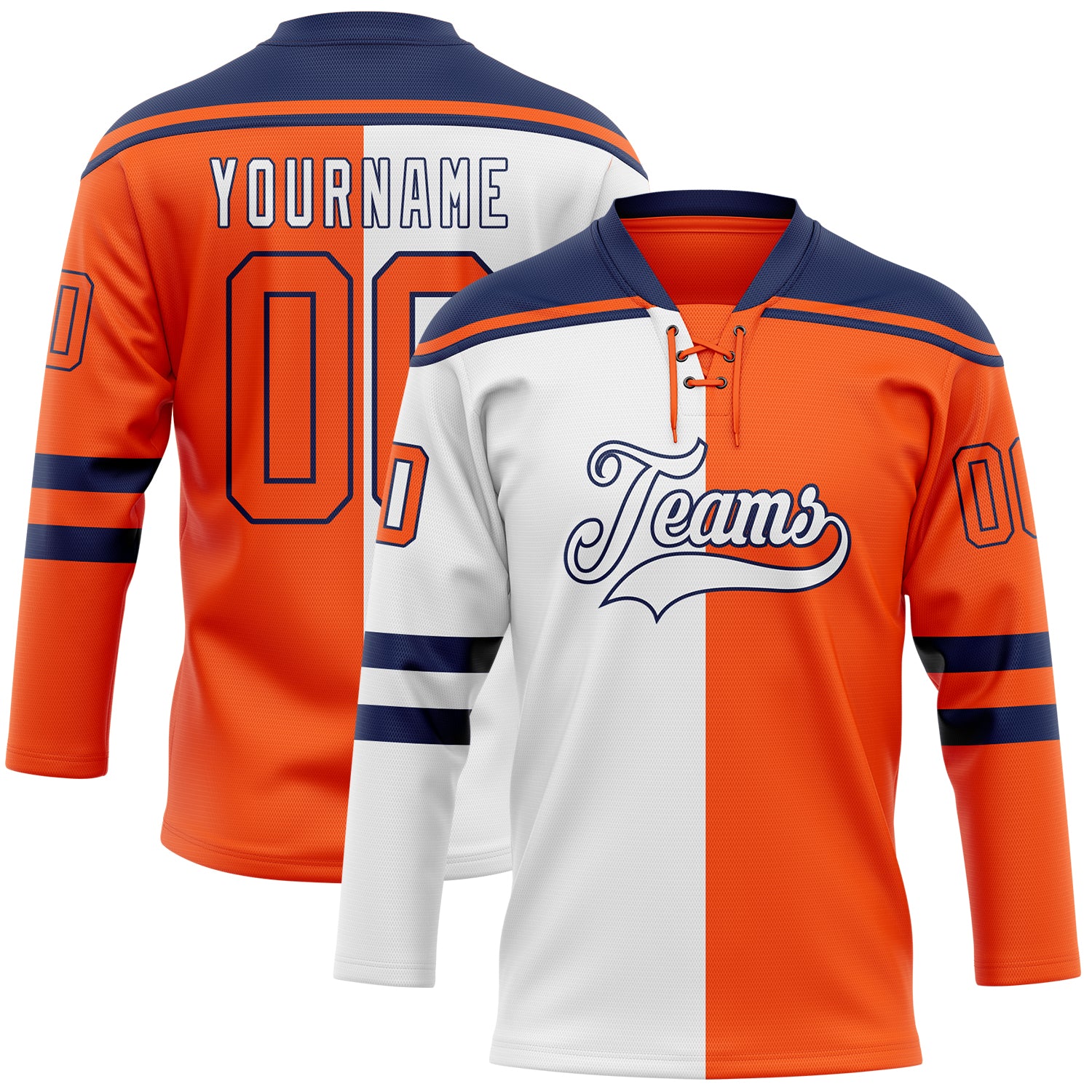 Custom Orange White-Navy Split Fashion Hockey Lace Neck Jersey - Main View