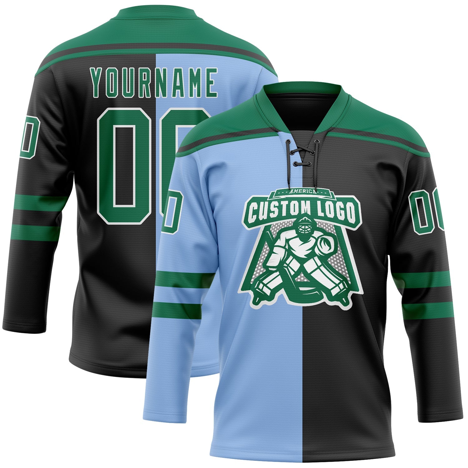 Custom Black Kelly Green Light Blue-White Red-Royal Split Fashion Hockey Lace Neck Jersey view 2