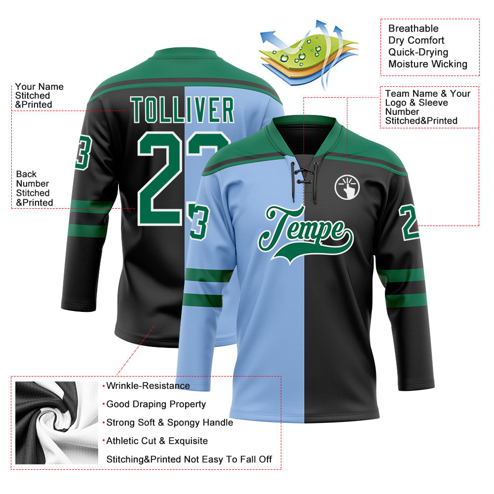 Custom Black Kelly Green Light Blue-White Red-Royal Split Fashion Hockey Lace Neck Jersey view 5