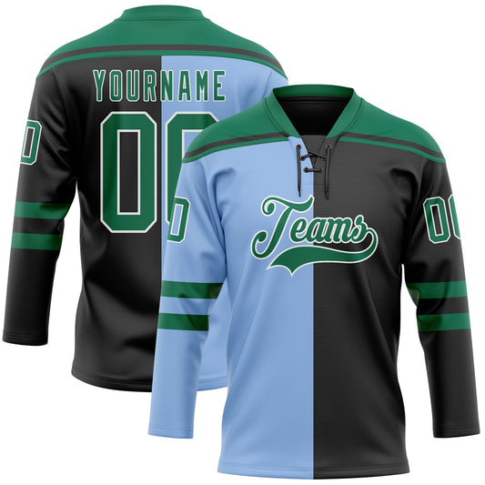 Custom Black Kelly Green Light Blue-White Red-Royal Split Fashion Hockey Lace Neck Jersey - Main View