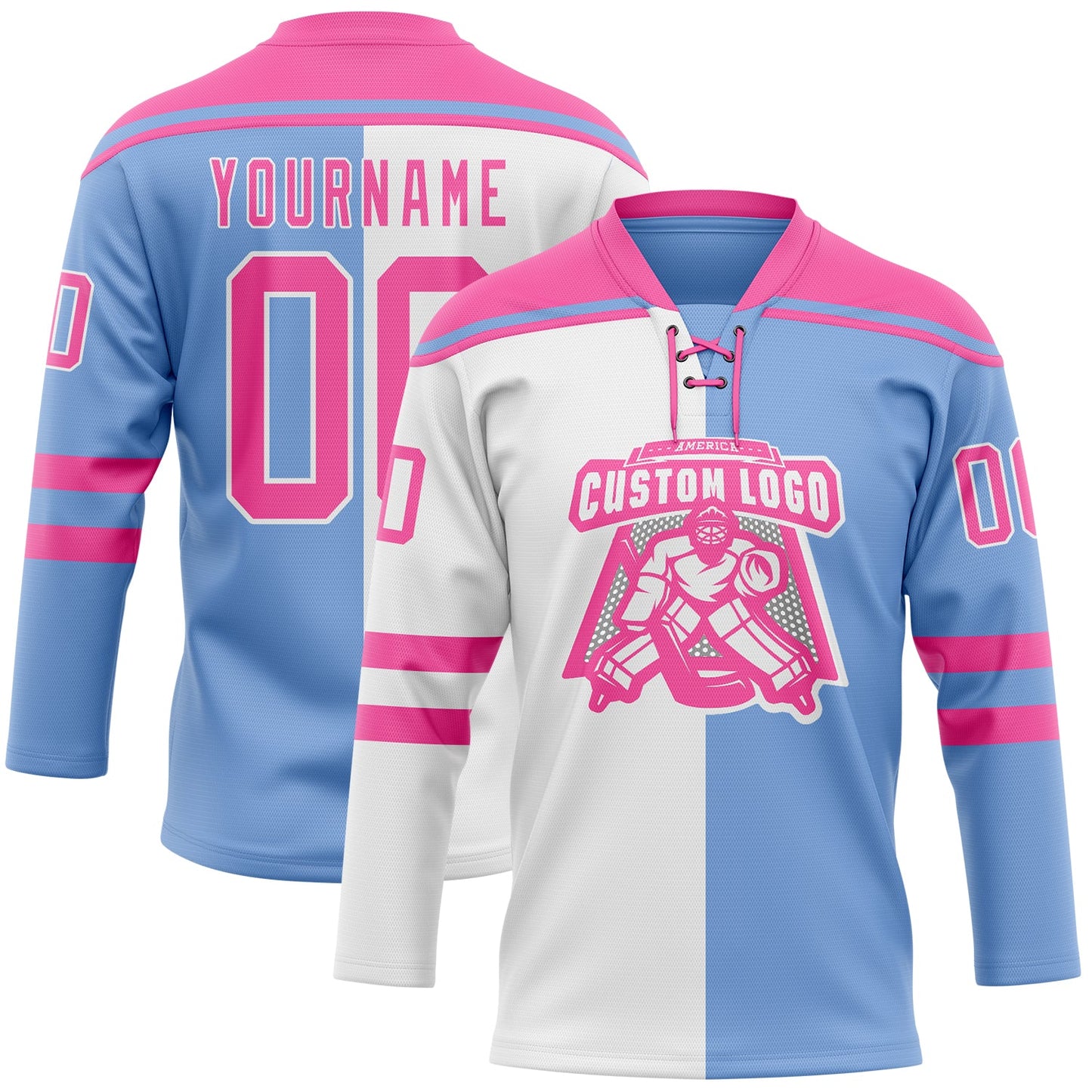 Custom Powder Blue Pink-White Split Fashion Hockey Lace Neck Jersey view 2
