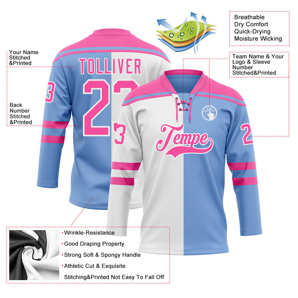 Custom Powder Blue Pink-White Split Fashion Hockey Lace Neck Jersey view 5