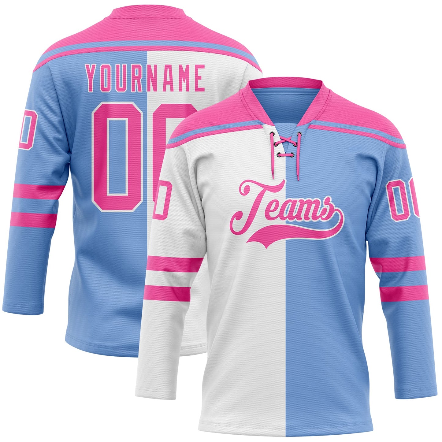 Custom Powder Blue Pink-White Split Fashion Hockey Lace Neck Jersey - Main View