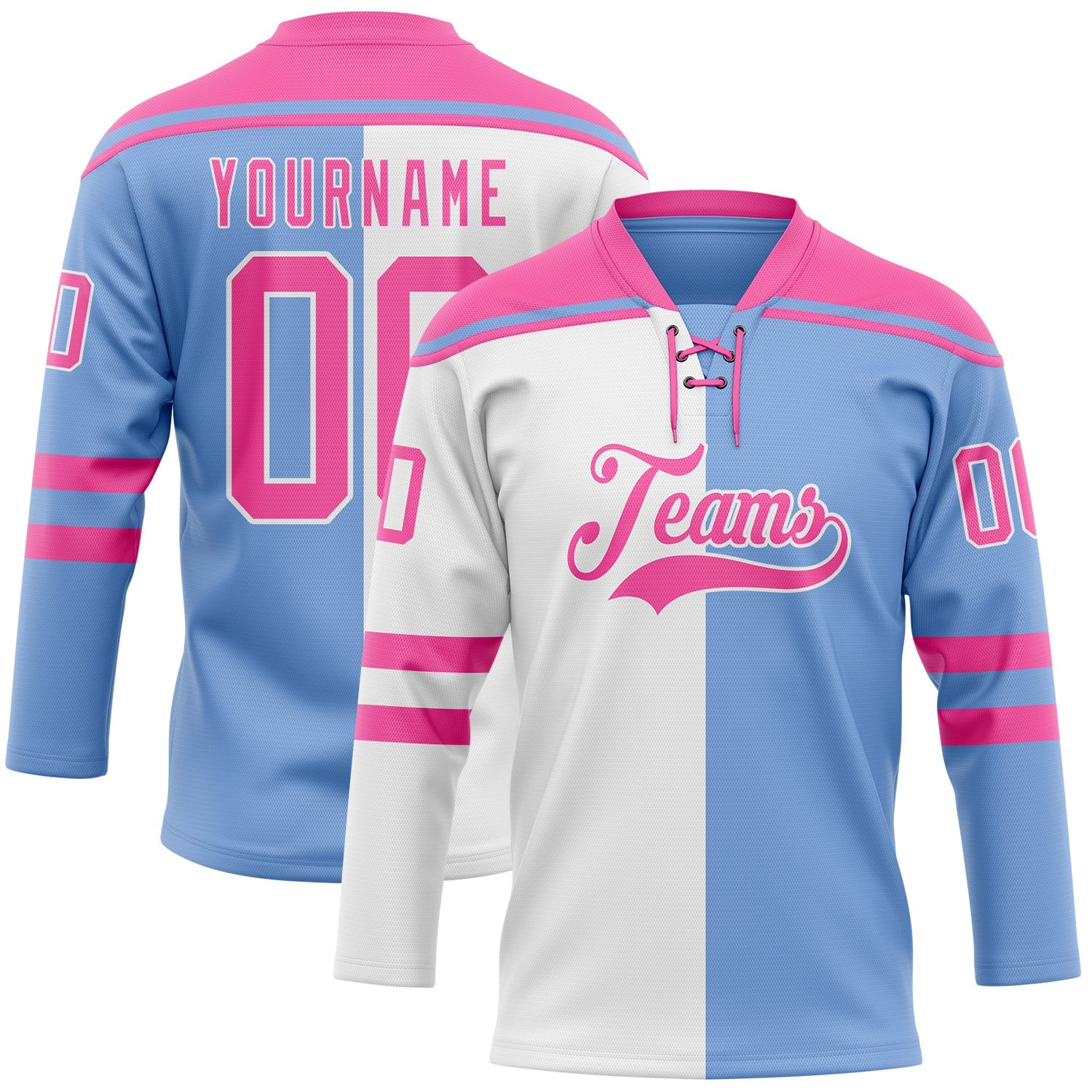 Custom Powder Blue Pink-White Split Fashion Hockey Lace Neck Jersey - Main View