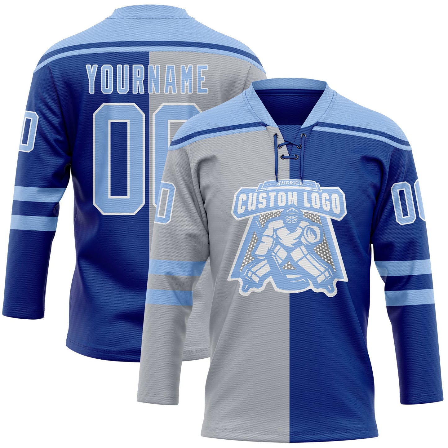 Custom Royal Light Blue Gray-White Split Fashion Hockey Lace Neck Jersey view 2