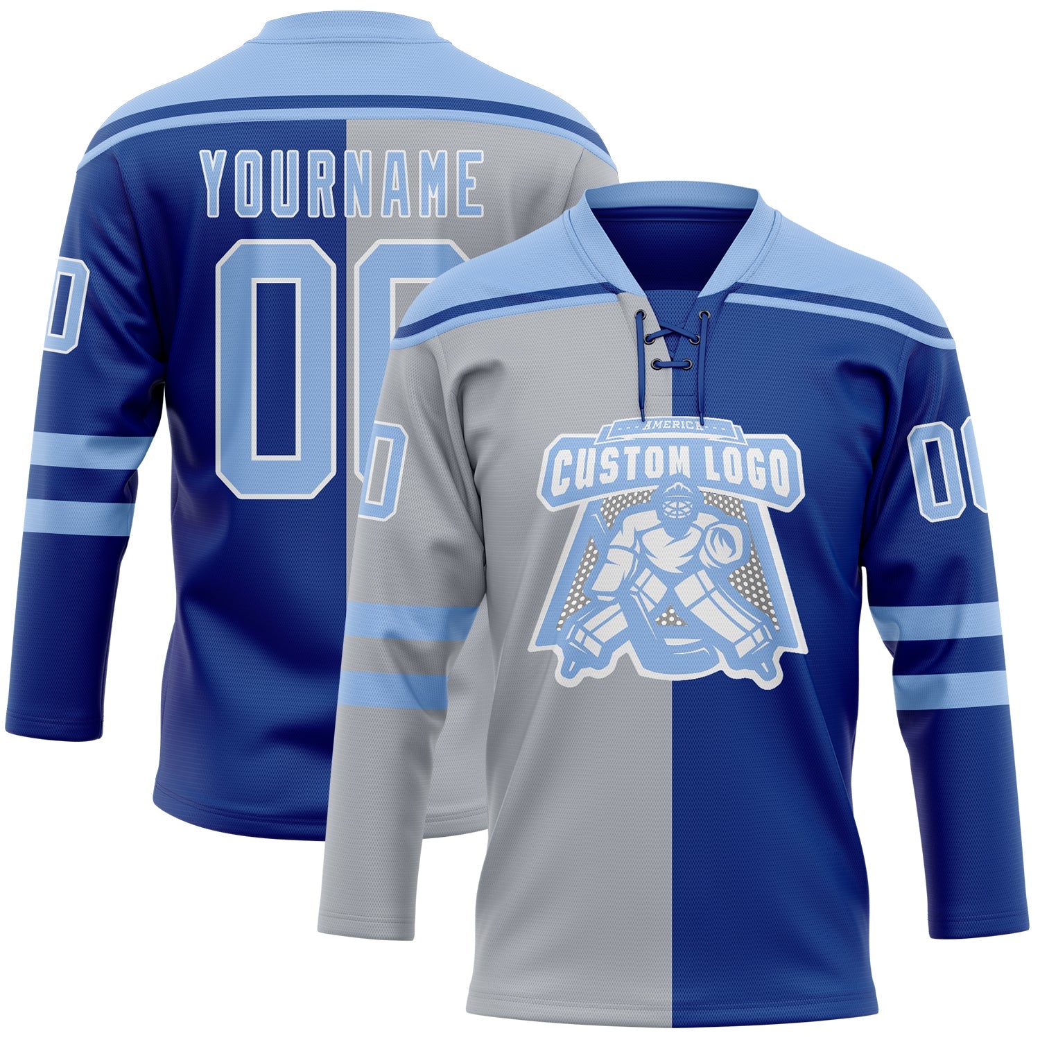 Custom Royal Light Blue Gray-White Split Fashion Hockey Lace Neck Jersey view 2