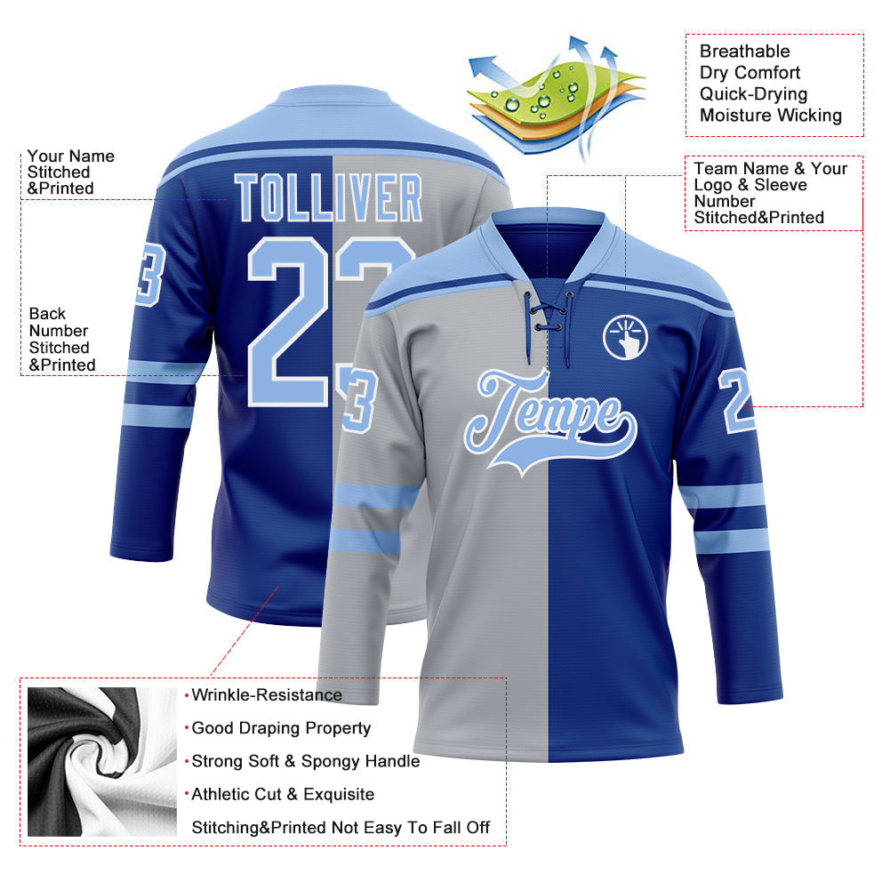 Custom Royal Light Blue Gray-White Split Fashion Hockey Lace Neck Jersey view 5