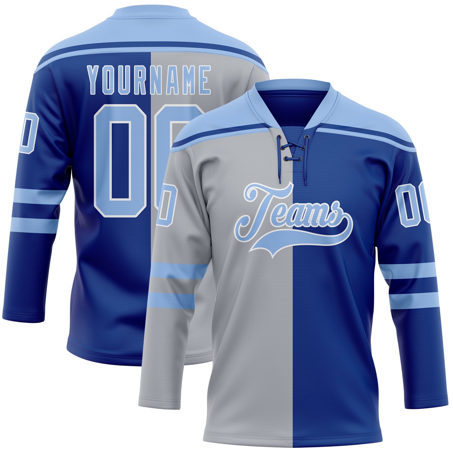 Custom Royal Light Blue Gray-White Split Fashion Hockey Lace Neck Jersey - Main View