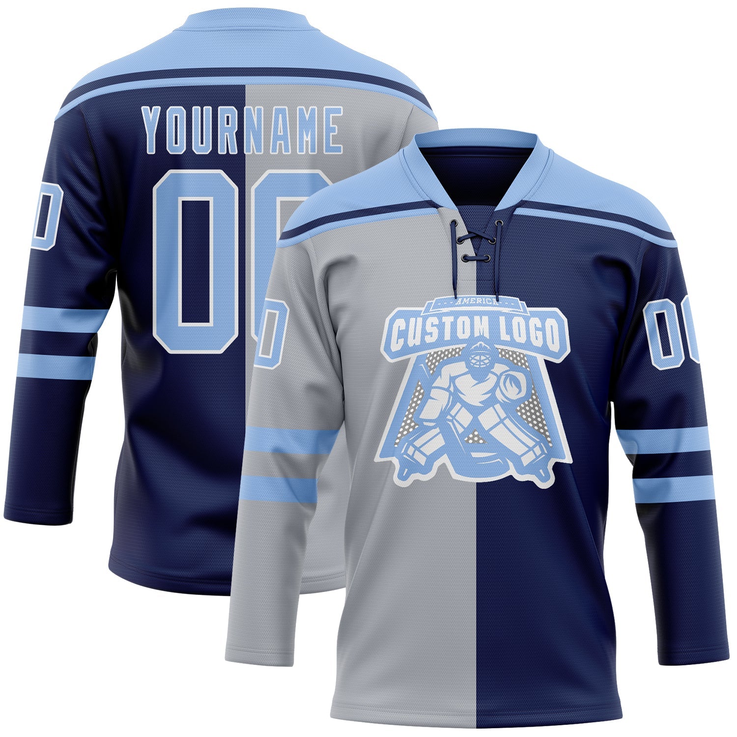 Custom Navy Light Blue Gray-White Split Fashion Hockey Lace Neck Jersey view 2
