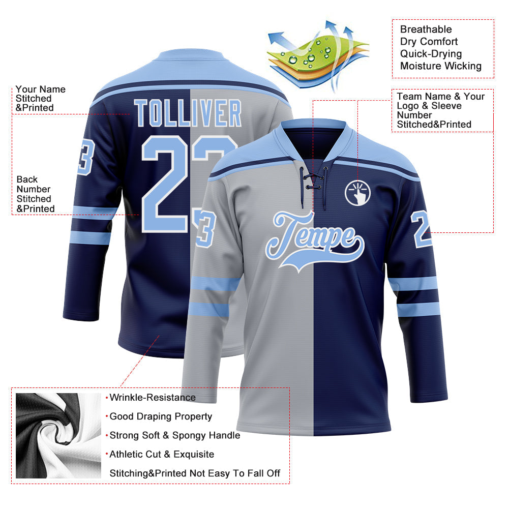 Custom Navy Light Blue Gray-White Split Fashion Hockey Lace Neck Jersey view 5
