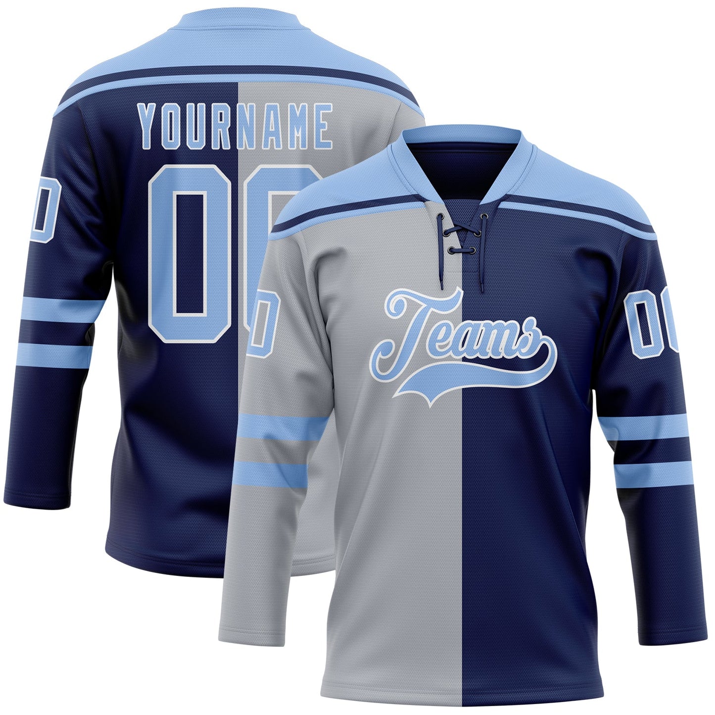 Custom Navy Light Blue Gray-White Split Fashion Hockey Lace Neck Jersey - Main View
