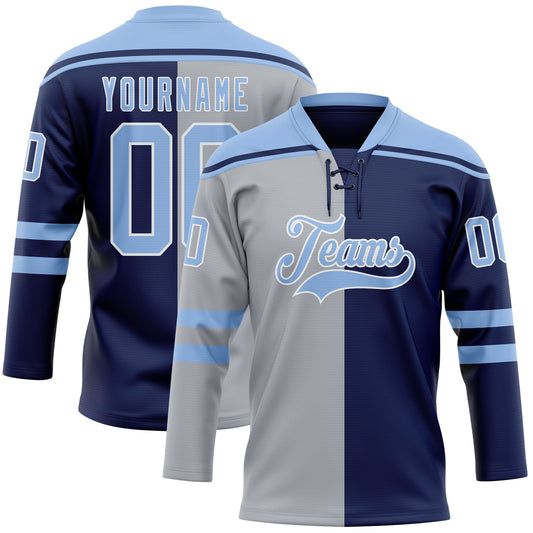 Custom Navy Light Blue Gray-White Split Fashion Hockey Lace Neck Jersey - Main View