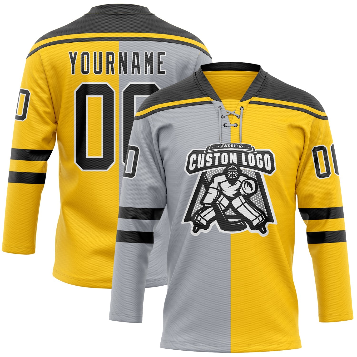 Custom Yellow Black Gray-White Split Fashion Hockey Lace Neck Jersey view 2