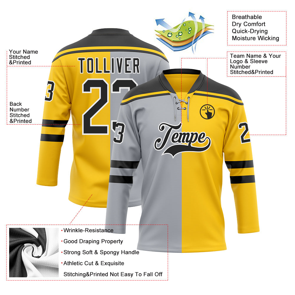 Custom Yellow Black Gray-White Split Fashion Hockey Lace Neck Jersey view 5