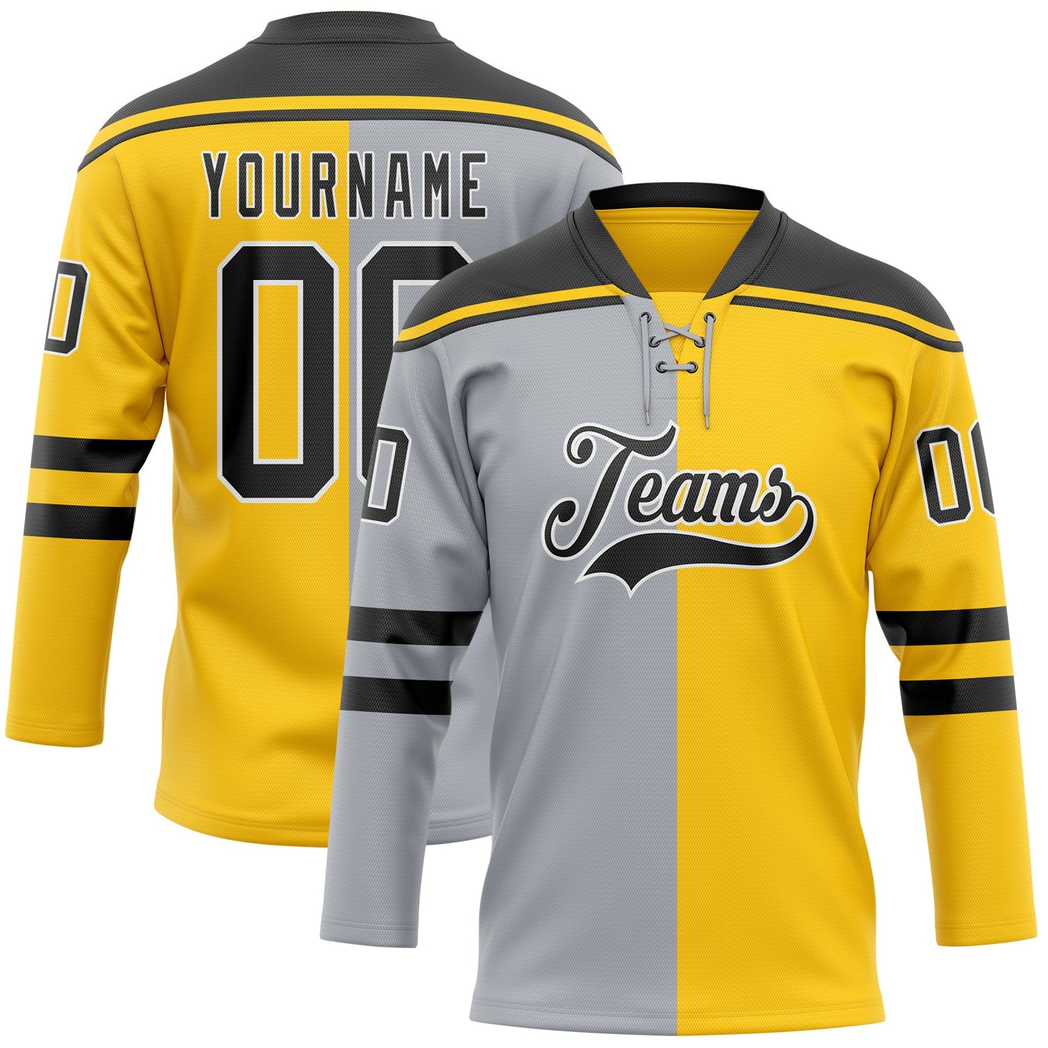 Custom Yellow Black Gray-White Split Fashion Hockey Lace Neck Jersey - Main View