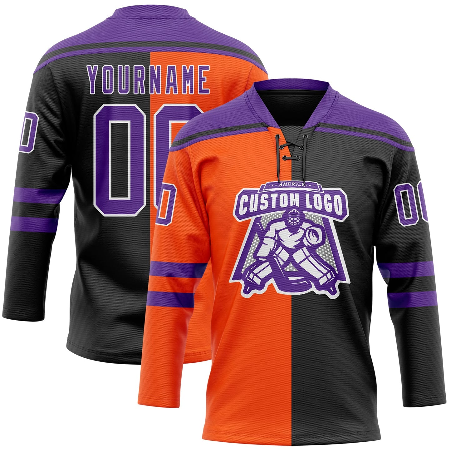 Custom Black Purple Orange-White Split Fashion Hockey Lace Neck Jersey view 2