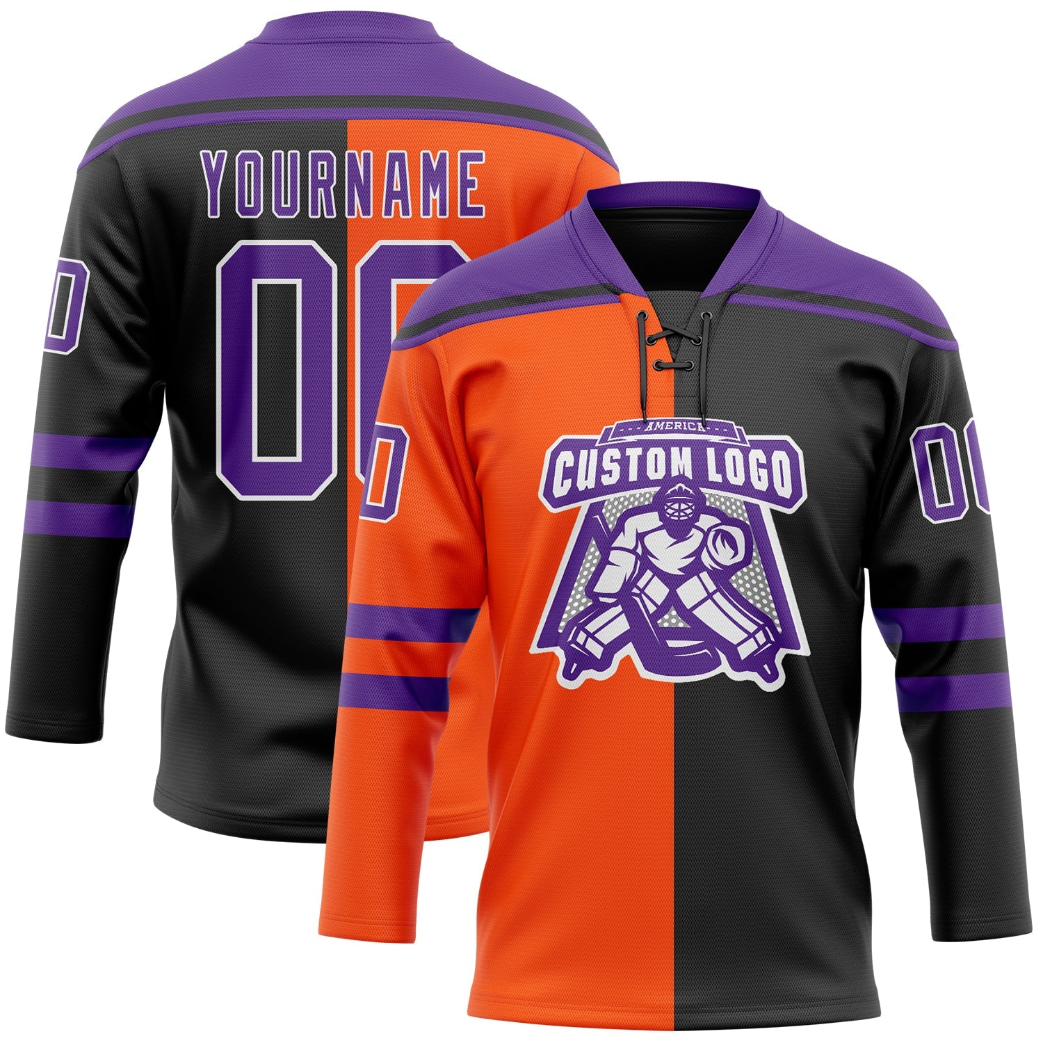 Custom Black Purple Orange-White Split Fashion Hockey Lace Neck Jersey view 2